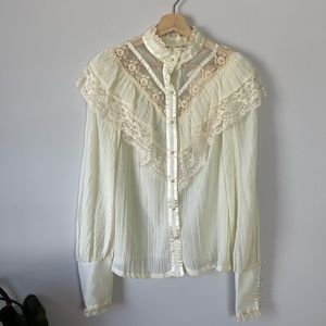 Vintage 70s Gunne Sax Victorian High Collar Gauzy Lace Trim Juliet Sleeve Blouse